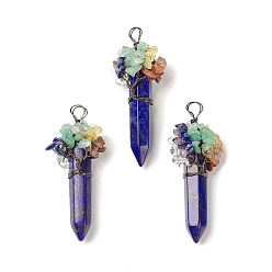 Lapis Lazuli 7 Chakra Pointed Natural Lapis Lazuli Dyed Big Pendants, Chip Gems Tree Faceted Bullet Charms with Red Copper Plated Rack Plating Copper Wire Wrapped, Cadmium Free & Lead Free, 62~66.5x22~26x17.5~18mm, Hole: 4.2~6.5mm