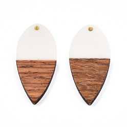White Opaque Resin & Walnut Wood Pendants, Teardrop Shape Charm, White, 38x18x3mm, Hole: 2mm