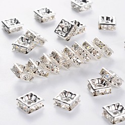 Silver Brass Rhinestone Spacer Beads, Grade A, Square, Nickel Free, White, Silver Color Plated, 7mmx7mmx3mm, hole: 1mm