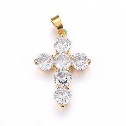 Golden 304 Stainless Steel Pendants, with Cubic Zirconia, Cross, Clear, Golden, 33x23x4.5mm, Hole: 5x7mm