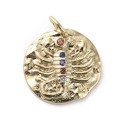 Scorpio Brass Micro Pave Cubic Zirconia Pendants, with Jump Rings, Flat Round, Constellation, Colorful, Golden, Scorpio, 14~15x2mm, Hole: 3mm