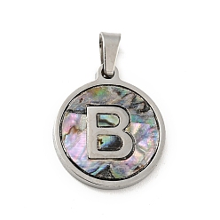 Letter B 304 Stainless Steel with Paua Shell Pendants, Stainless Steel Color, Flat Round with Letter Charm, Letter.B, 18x16x1.5mm, Hole: 3x6mm