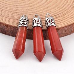 Red Jasper Bullet Natural Red Jasper Pendants, with Platinum Tone Alloy Findings, 33~40x8~10mm, Hole: 3x2mm