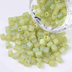 Yellow Green 6/0 Transparent Glass Seed Beads, Frosted AB Colours, Square Hole, Cube, Yellow Green, 6/0, 3~5x3~4x3~4mm, Hole: 1.2~1.4mm, about 4500pcs/bag