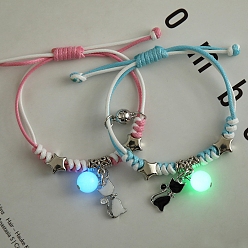 Cat Shape 2Pcs 2 Color Luminous Beads & Alloy Enamel Charms Bracelets Set, Glow In The Dark Magnetic Charms Couple Bracleets for Best Friends Lovers, Cat Pattern, 5-7/8~11-3/4 inch(15~30cm), 1Pc/color