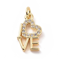 Golden Brass Micro Pave Cubic Zirconia Pendants, with Jump Ring, Word Love Charm, Golden, 15.5x9x2.5mm, Hole: 2.8mm