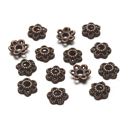 Red Copper 6-Petal Tibetan Style Alloy Hollow Flower Bead Caps, Cadmium Free & Nickel Free & Lead Free, Red Copper, 6x1.5mm, Hole: 2mm