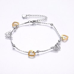 Golden & Stainless Steel Color 304 Stainless Steel Charm Bracelets, with Lobster Claw Clasps, Heart and Butterfly, Golden & Stainless Steel Color, 8-5/8 inch(22cm), 1.2mm, Charms: 10.5x11~15x0.6~1.2mm