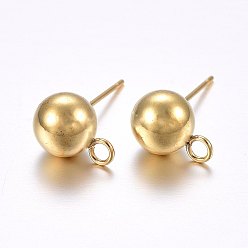 Golden 304 Stainless Steel Ball Stud Earring Findings, with Loop, Round, Golden, 20x8mm, Hole: 2mm