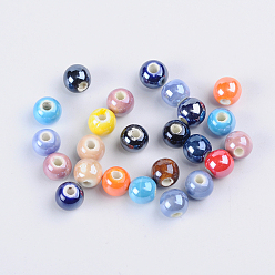 Mixed Color Handmade Porcelain Beads, Pearlized Plated, Round, Mixed Color, about 6mm in diameter, hole: 1mm