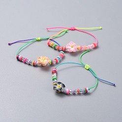 Mixed Color Adjustable Nylon Thread Kid Braided Beads Bracelets, with Polymer Clay Heishi Beads Beads and Glass Beads, Flower, Mixed Color, 1/8 inch~2-7/8 inch(1.9~7.3cm), 5mm