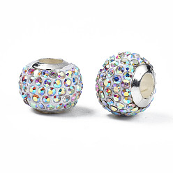 Crystal AB Handmade Polymer Clay Rhinestone European Beads, with Silver Tone CCB Plastic Double Cores, Large Hole Beads, Rondelle, Crystal AB, 12.5~13x10mm, Hole: 4.5mm