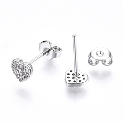 Platinum Brass Micro Pave Clear Cubic Zirconia Stud Earrings, with Ear Nuts, Nickel Free, Heart, Platinum, 5.5x6mm, Pin: 0.8mm