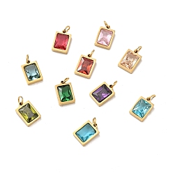 Mixed Color Vacuum Plating 304 Stainless Steel Pendants, with Cubic Zirconia and Jump Rings, Single Stone Charms, Rectangle, Golden, Mixed Color, 11.5x8x3.5mm, Hole: 3.6mm