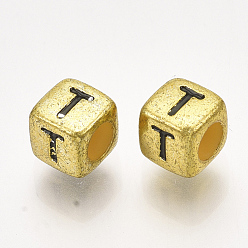 Letter T Acrylic Beads, Horizontal Hole, Metallic Plated, Cube with Letter.T, 6x6x6mm, 2600pcs/500g