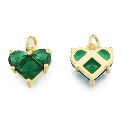 Verde Encantos de vidrio, con anillos de salto y hallazgos de latón, real 18 k chapado en oro, sin níquel, corazón, verde, 12x12x4 mm, agujero: 3 mm