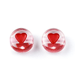 Red Transparent Acrylic Enamel Beads, Flat Round with Heart, Red, 7x4mm, Hole: 1.8mm, about 108000~111000pcs/15000g
