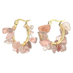Strawberry Quartz Natural Strawberry Quartz Chips Braided Hoop Earrings, 304 Stainless Steel Wire Wrap Jewelry for Women, 25~27x28~33x7~9mm, Pin: 0.6mm