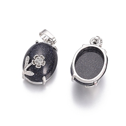 Blue Goldstone Synthetic Blue Goldstone Pendants, with Platinum Tone Brass Findings, Oval with Flower, 22x13.8x10.3mm, Hole: 6x3.5mm