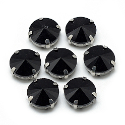Negro Cose en el rhinestone, Enlaces multifilares, diamantes de imitación de cristal, con ajustes de puntas de latón, accesorios de prendas de vestir, facetados, plano y redondo, Platino, negro, 9x6.3 mm, agujero: 0.8~1 mm