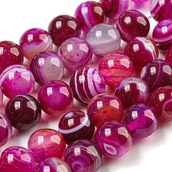 Deep Pink Natural Striped Agate/Banded Agate Bead Strands, Round, Grade A, Dyed & Heated, Deep Pink, 10mm, Hole: 1mm, about 37pcs/strand, 15 inch