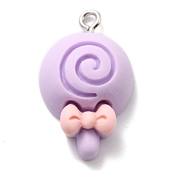 Lilac Resin Pendants, with Platinum Tone Iron Loop, Lollipop with Bowknot, Lilac, 26x15.5x7mm, Hole: 2mm