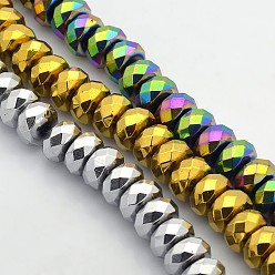 Mixed Color Electroplate Non-magnetic Synthetic Hematite Beads Strands, Faceted Rondelle, Mixed Color, 10x6mm, Hole: 1mm, about 67pcs/strand, 15.7 inch