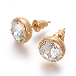 Clear 304 Stainless Steel Ear Studs, with Cubic Zirconia, Ion Plating (IP), Flat Round, Golden, Clear, 10x17mm, Pin: 0.7mm