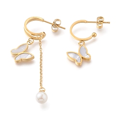 Golden 304 Stainless Steel Asymmetrical Earrings, Half Hoop Earrings, with Natural White Shell, Plastic Imitation Pearl Beads and Ear Nuts, Butterfly, Golden, 30mm and 56mm, Pin: 0.8mm