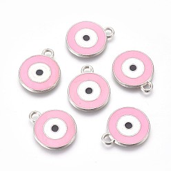 Pink Zinc Alloy Enamel Pendants, Lead Free and Cadmium Free, Flat Round with Evil Eye, Platinum Metal Color, Pink, 21x16x2mm, Hole: 2mm