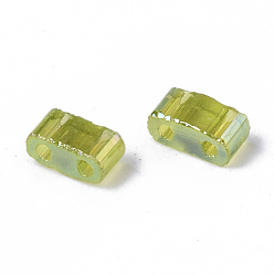 Yellow Green 2-Hole Transparent Glass Seed Beads, AB Colours, Rectangle, Yellow Green, 4.5~5.5x2~2.5x2~2.5mm, Hole: 0.7mm