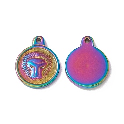 Rainbow Color Ion Plating(IP)  304 Stainless Steel Pendants, Flat Round with Lion, Rainbow Color, 19x15x3mm, Hole: 1.6mm