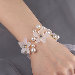 Fleur Corsage de poignet en tissu de soie, avec des perles de perles en plastique, pour la mariée ou la demoiselle d'honneur, mariage, décorations de fête, blanc, motif de fleur, 130mm