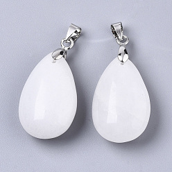 White Jade Natural White Jade Pendants, with Stainless Steel Pinch Bails, Teardrop, Stainless Steel Color, 24x15x9~10mm, Hole: 5x4mm