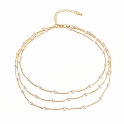 Golden Round Plastic Pearl Beaded Triple Layer Necklace, Brass Chain Necklace for Women, Golden, 14.96 inch(38cm)