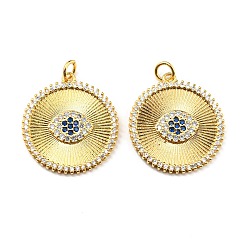 Real 18K Gold Plated Rack Plating Brass Micro Pave Clear Cubic Zirconia Pendants, with Jump Ring, Long-Lasting Plated, Lead Free & Cadmium Free, Flat Round with Horse Eye Charm, Real 18K Gold Plated, 24.5x22x2mm, Hole: 2.7mm