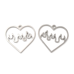 Stainless Steel Color 304 Stainless Steel Pendants, Heart with Fire Charm, Stainless Steel Color, 24x25x1.5mm, Hole: 2mm