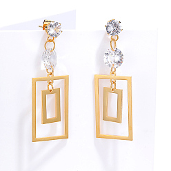 Golden Stainless Steel Dangle Stud Earrings with Cubic Zirconia for Women, Hollow Rectangle, Golden, 45x15mm