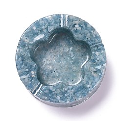 Aquamarine Resin with Natural Aquamarine Chip Stones Ashtray, Home OFFice Tabletop Decoration, Flat Round with Flower, 104x32mm, Inner Diameter: 61x68mm