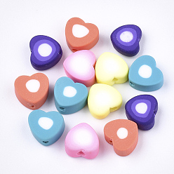 Mixed Color Handmade Polymer Clay Beads, Heart, Mixed Color, 9~9.5x10x4~5mm, Hole: 1.4~1.8mm