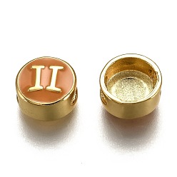 Gemini Brass Beads, with Enamel, Flat Round with Constellation, Real 18K Gold Plated, Orange, Gemini, 10x5mm, Hole: 4.5x2.5mm