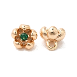 Green Brass & Cubic Zirconia Pendants,Real 18K Gold Plated, Flower Charm, Green, 6x5x5mm, Hole: 1.2mm