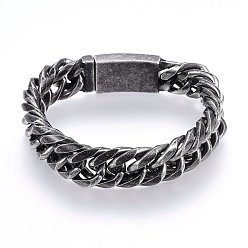 Antique Silver 304 Stainless Steel Curb Chains Bracelets, with Box Clasps, Faceted, Antique Silver, 9 inch(23cm), 16x8mm