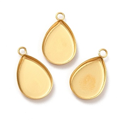 Golden Ion Plating(IP) 304 Stainless Steel Pendant Cabochon Settings, Plain Edge Bezel Cups, Drop, Golden, Tray: 14x9mm, 17.5x10.5x1.8mm, Hole: 1.8mm