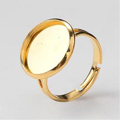 Golden Adjustable Brass Ring Components, Pad Ring Findings, with Flat Round Cabochon Bezel Settings, Golden, Tray: 12mm, 17mm
