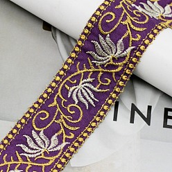 Indigo Embroidery Polyester Ribbon, Jacquard Ribbon, Garment Accessories, Floral, Indigo, 1-5/8 inch(40mm), 10 yards/roll