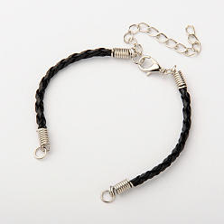 Black Braided PU Leather Cord Bracelet Making, with Iron Findings and Alloy Lobster Claw Clasps, Platinum, Black, 170x3mm, Hole: 4mm