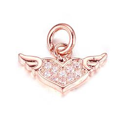 Rose Gold Brass Micro Pave Cubic Zirconia Charms, Heart with Wing, Rose Gold, 8x14x1.5mm, Hole: 3mm