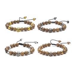 Mixed Color 4Pcs 4 Color Natural Wood & Alloy Skull & Synthetic Hematite Braided Bead Bracelets Set, Stackable Adjustable Bracelets for Women, Mixed Color, Inner Diameter: 2-1/2~3-1/2 inch(6.5~9cm), 1Pc/color