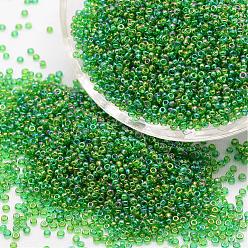 Зеленый 6/0 круглые бусины из стекла семян, класс А, прозрачные цвета радуги, зелёные, 3.6~4.0 мм, отверстия : 1.2 mm, около 5000 шт / фунт
